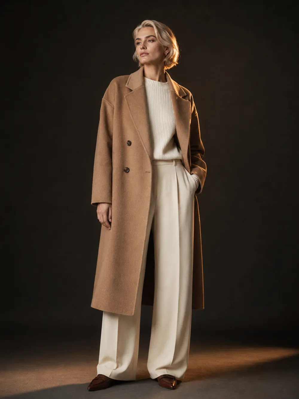 Editorial campaign image of the same camel coat, recast on a brand-trained model in a dark studio