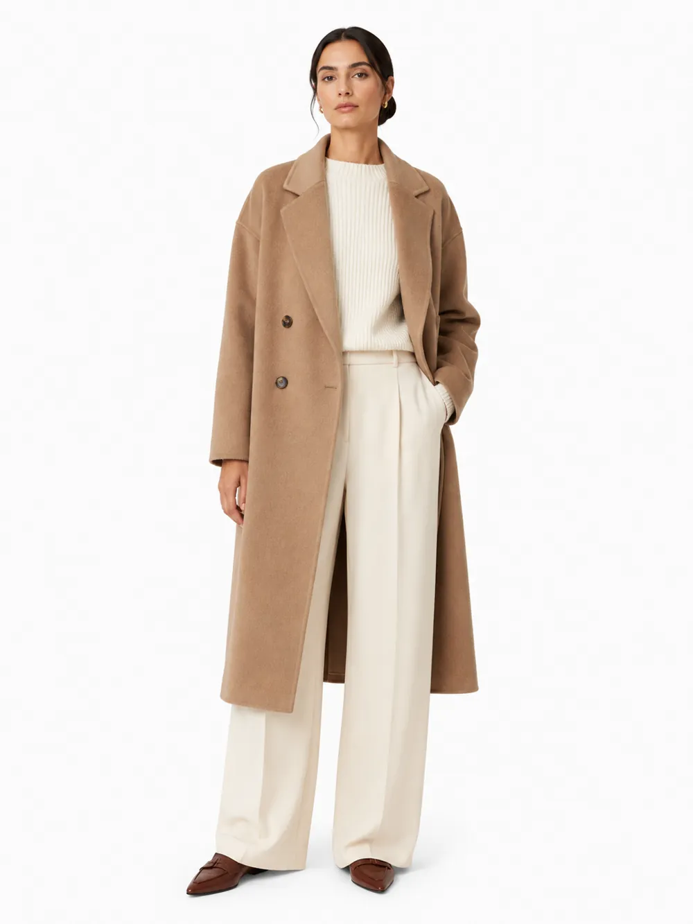 Plain white-studio packshot of a camel coat over wide-leg trousers