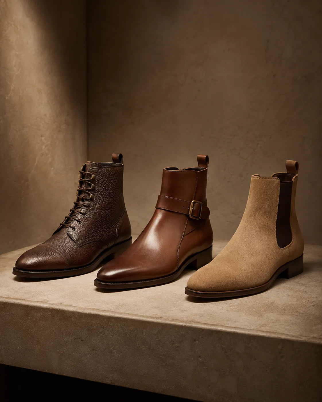 Row of three boots in brown, cognac, and tan