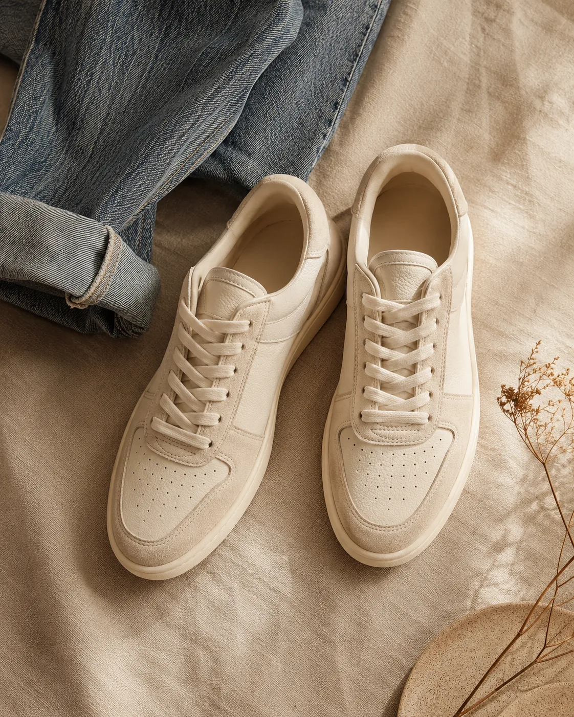 Cream sneakers with denim, top-down flat-lay
