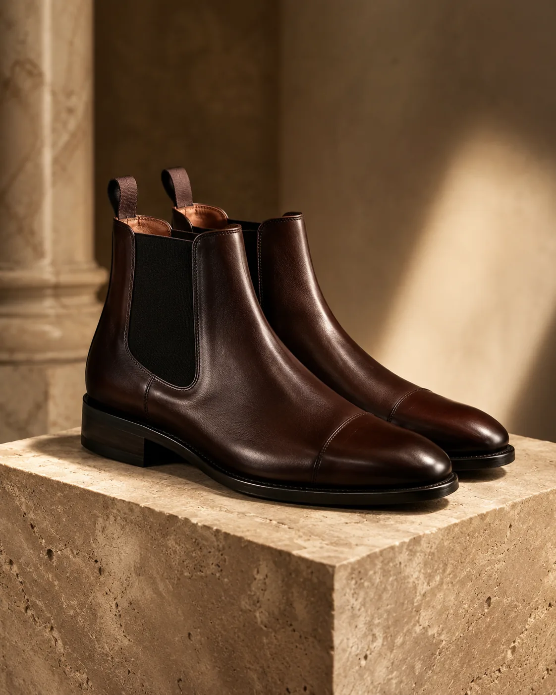 Dark brown Chelsea boots on stone plinth, editorial