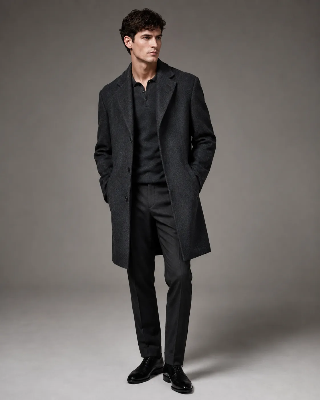 Man in charcoal coat over knit polo, warm-grey studio backdrop, full-length
