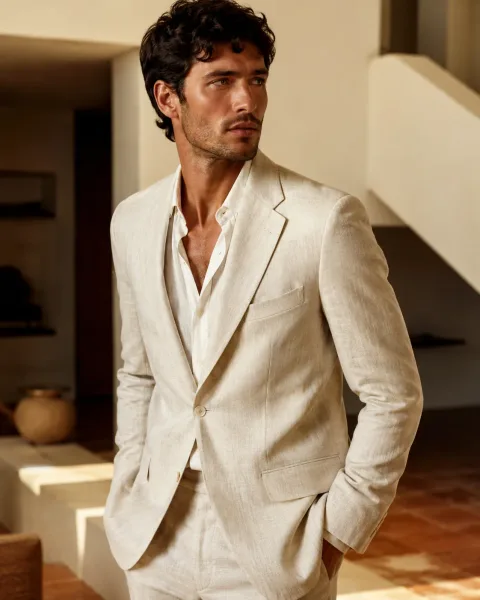 Men's cream linen suit — editorial shot in a modernist interior, generated with neofashion.ai