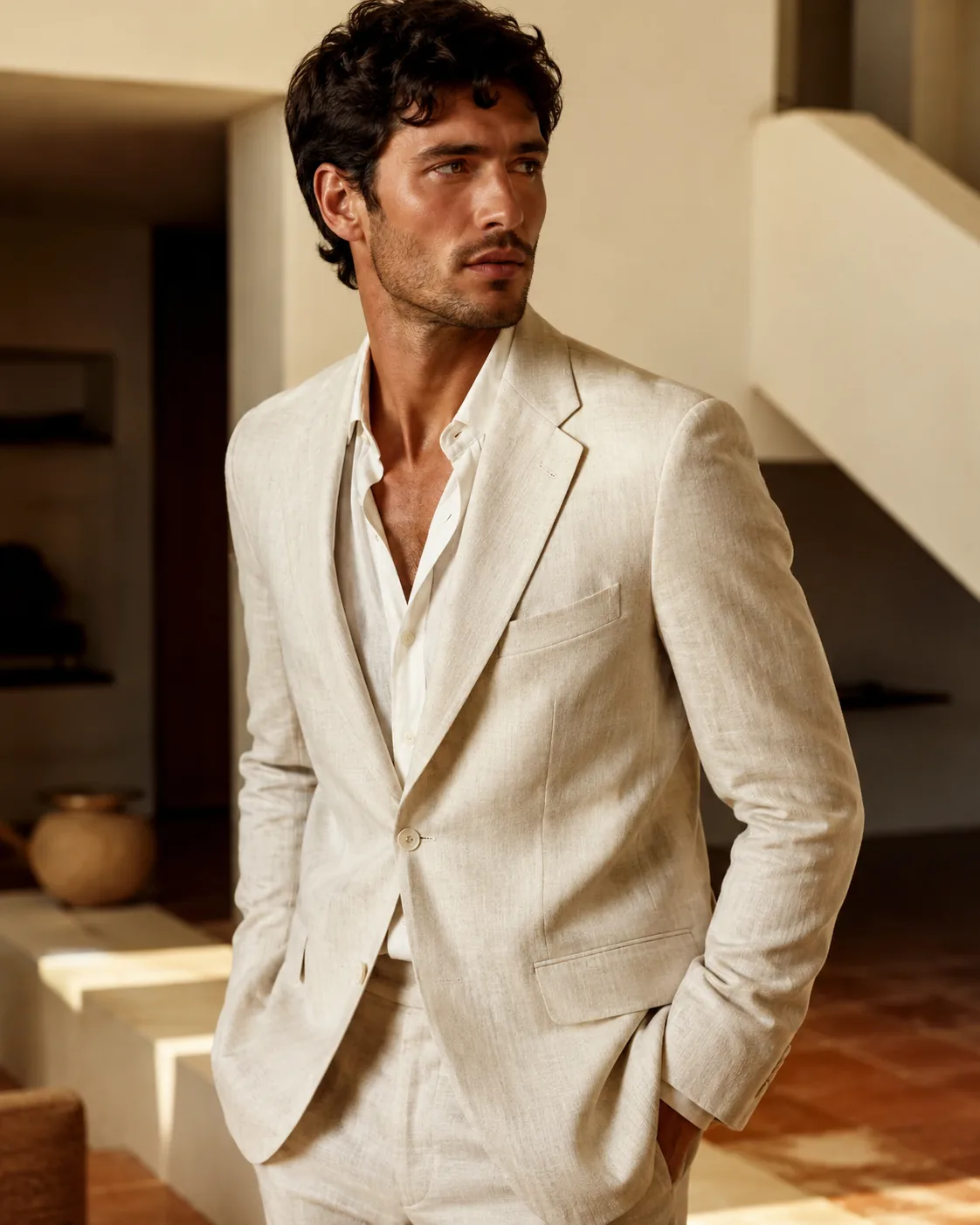 Man in cream linen suit, modernist interior, half-body editorial