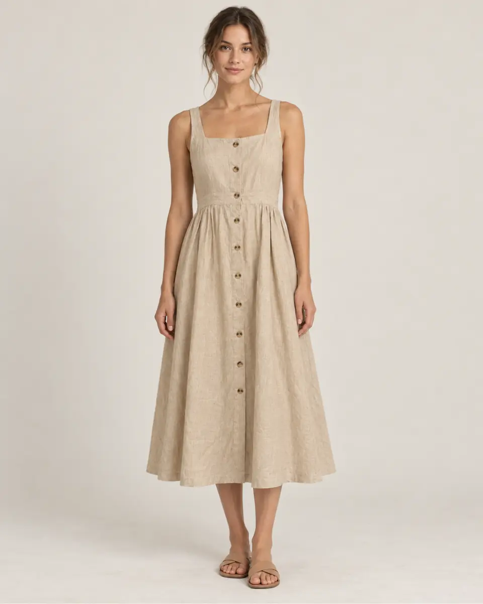 Linen button-front midi dress — studio shot on a plain backdrop, generated with neofashion.ai
