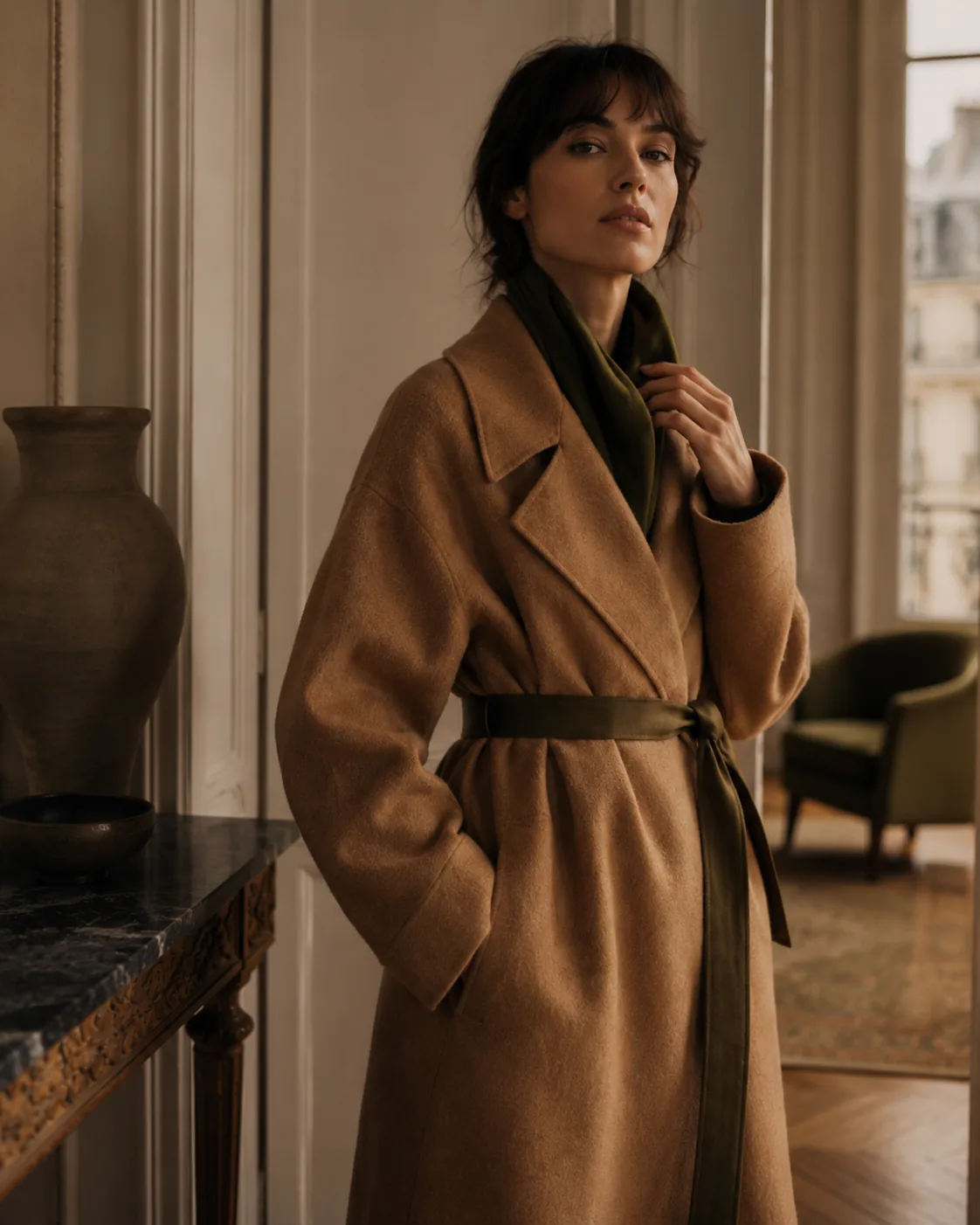 Board Look generated output 02 — camel coat half-body, Parisian interior