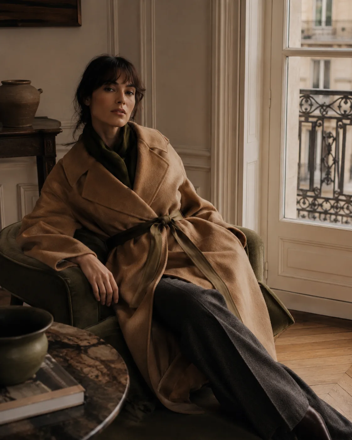 Camel coat in a Parisian apartment, editorial