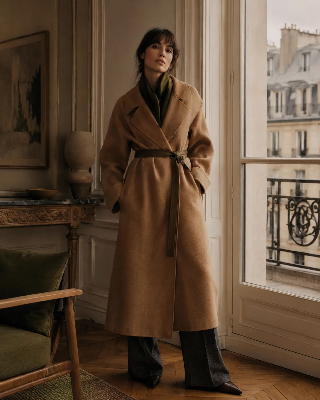 Board Look generated output 04 — camel coat full-body, Parisian apartment
