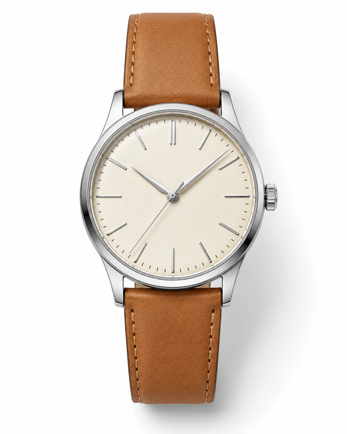 Steel wristwatch with tan strap on pure white background, soft contact shadow