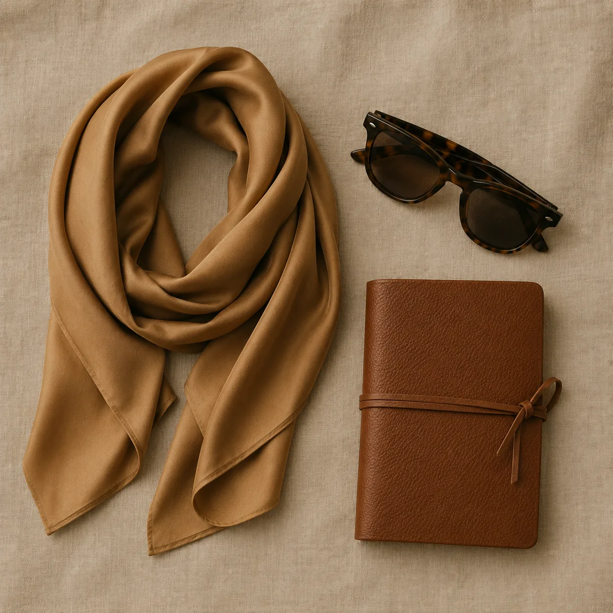 Silk scarf, tortoise sunglasses, and leather notebook on warm linen