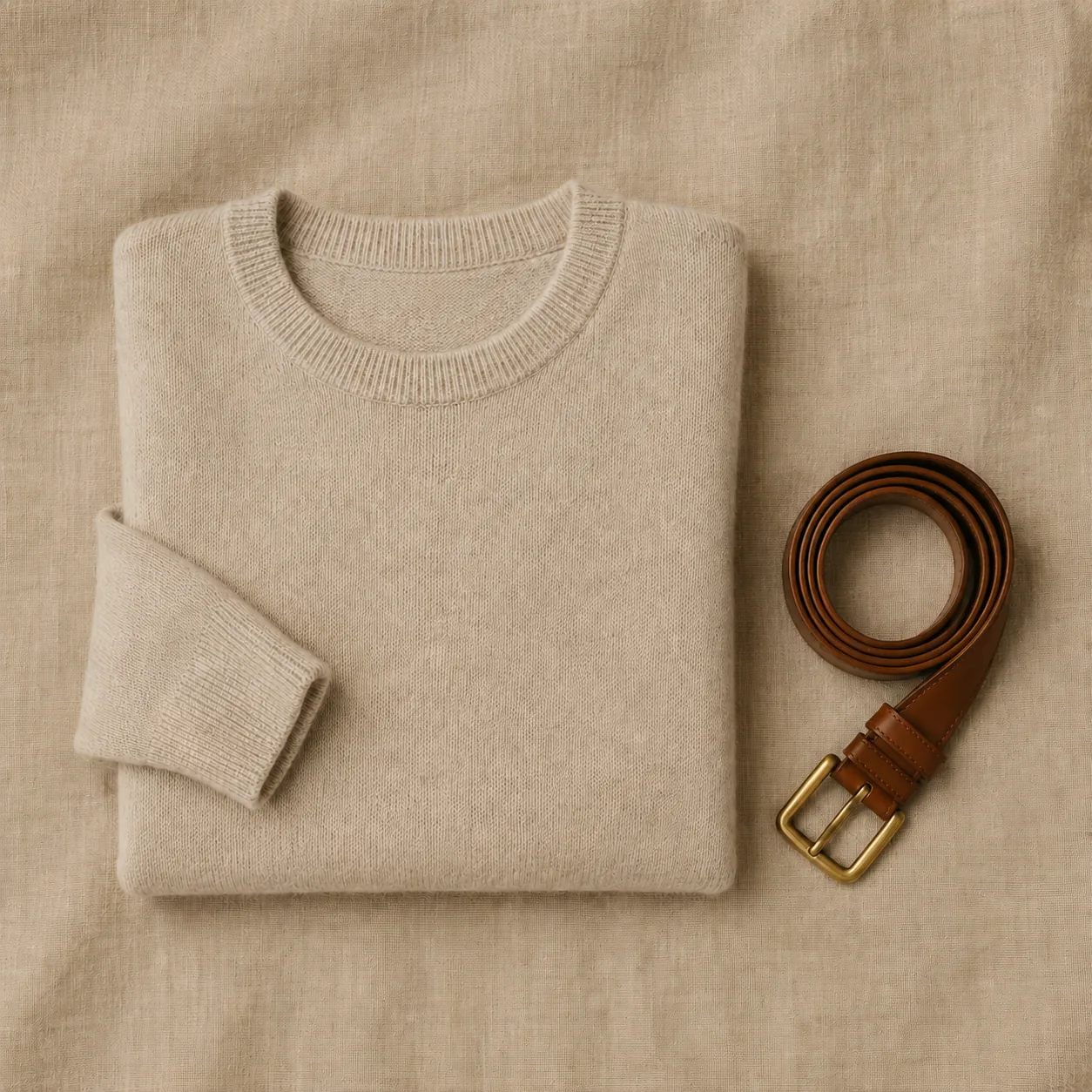 Folded cashmere knit sweater with leather belt, top-down on warm linen