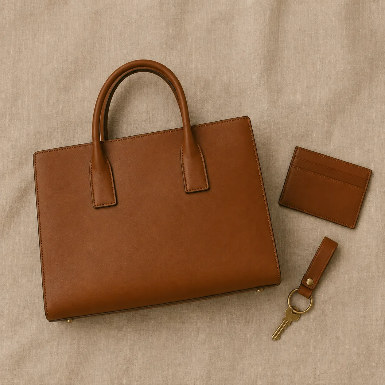 Camel leather handbag with card case and key fob, warm linen background