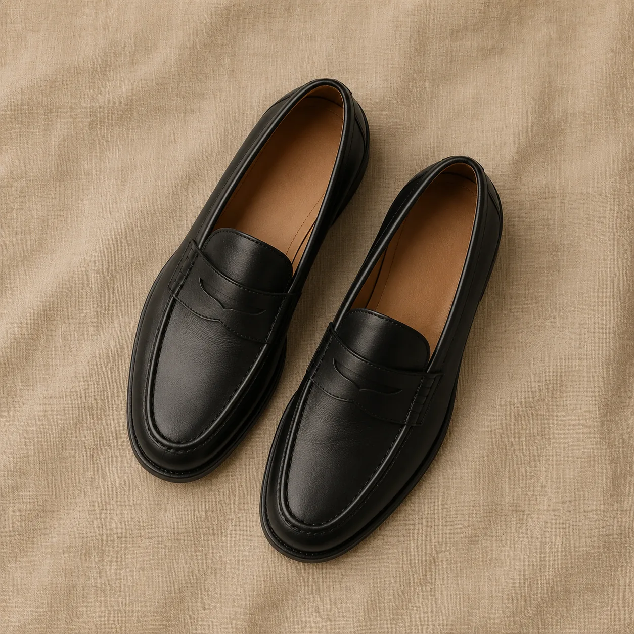 Pair of black leather loafers, top-down on warm linen