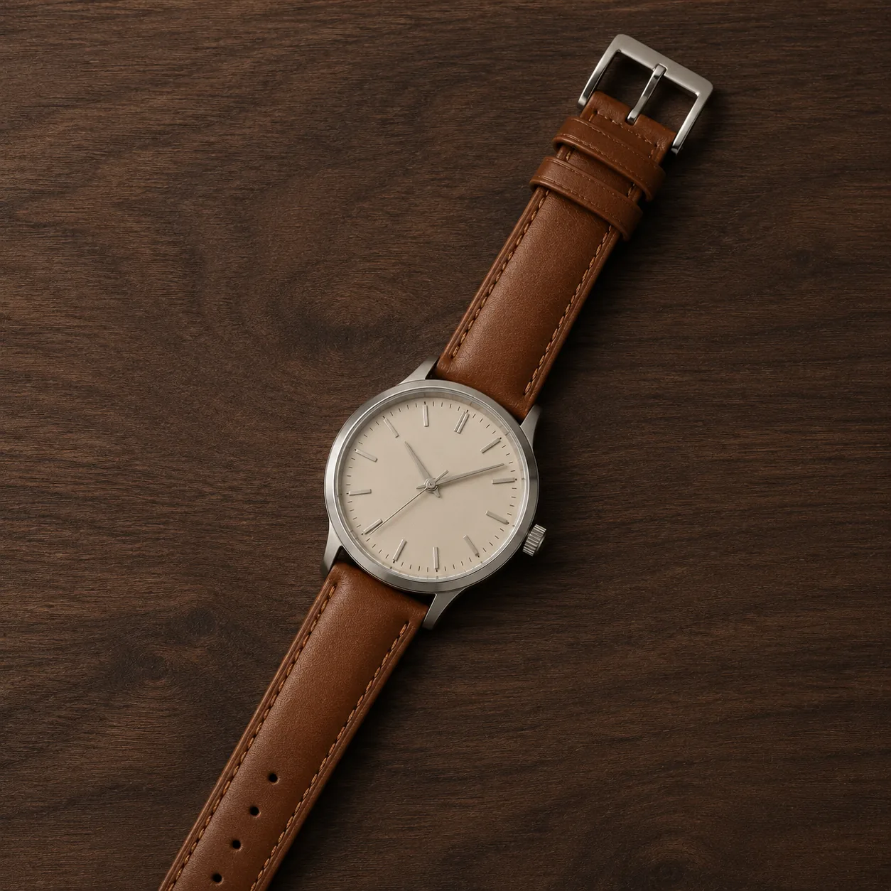 Steel wristwatch with cream dial and tan leather strap on dark walnut