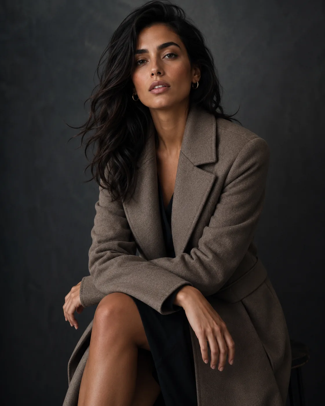 Persona example: woman in dusty taupe wool coat, dark backdrop, editorial portrait