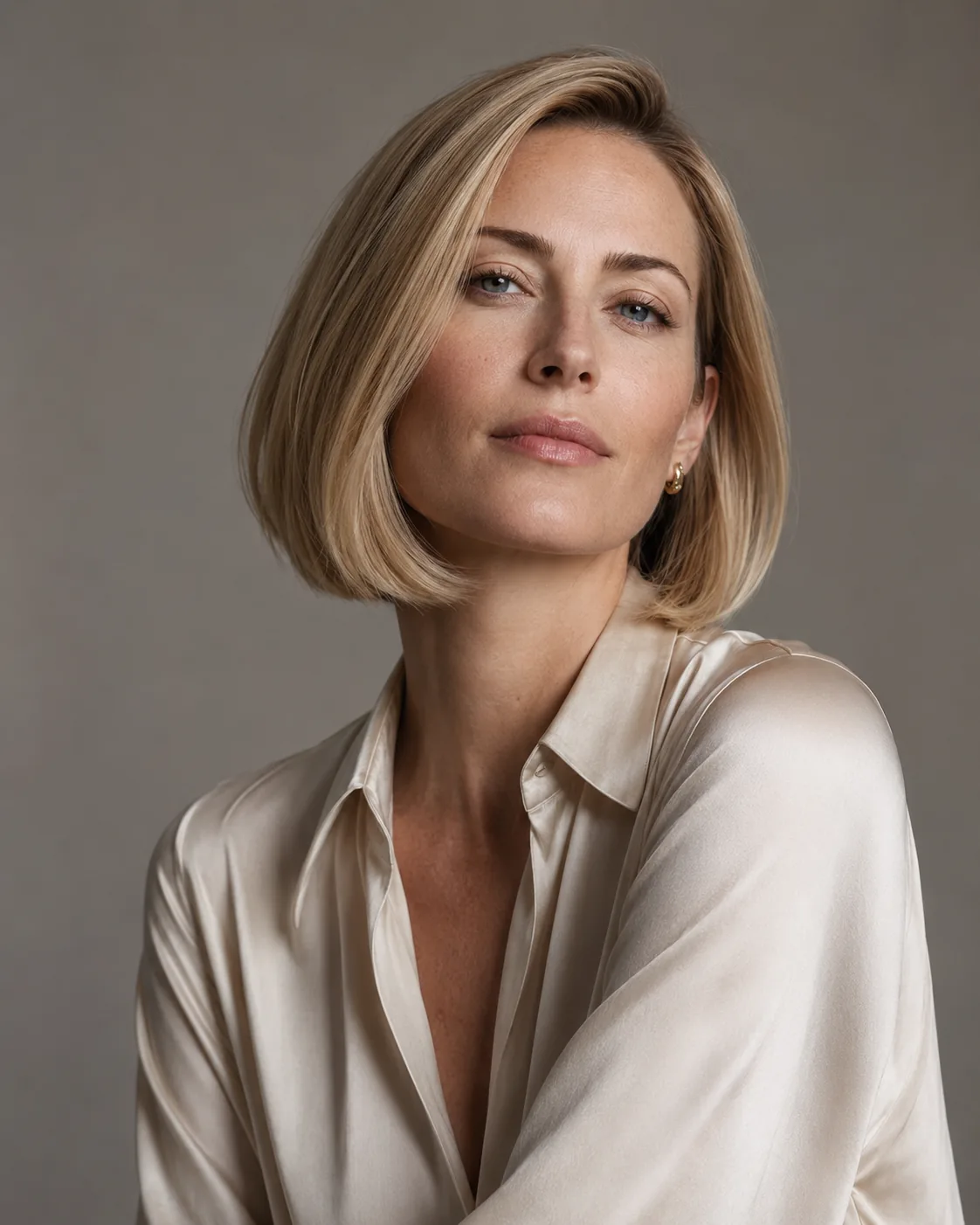 Persona example: woman with blonde bob in cream silk blouse, warm-grey backdrop
