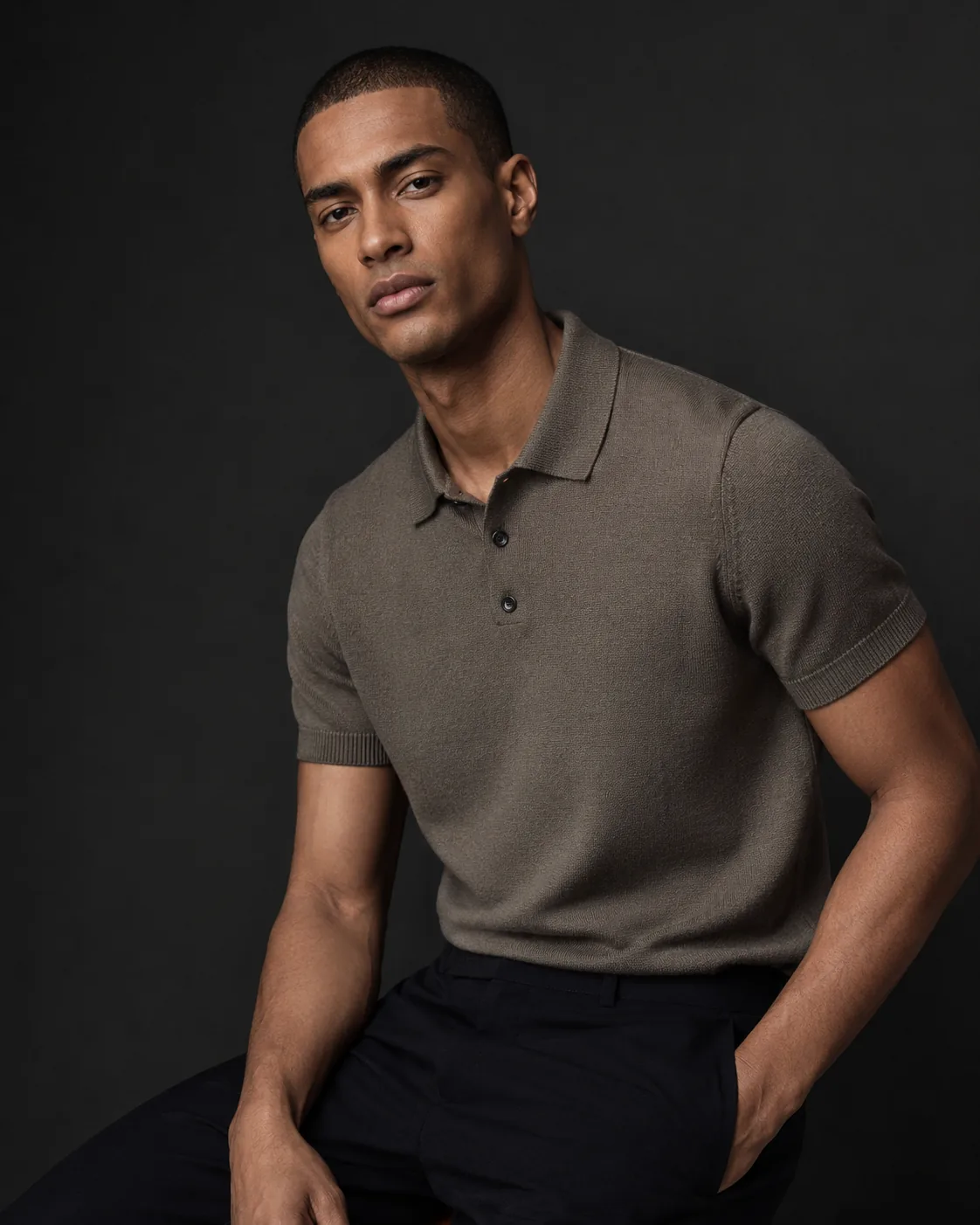 Persona example: man in charcoal knit polo, charcoal backdrop