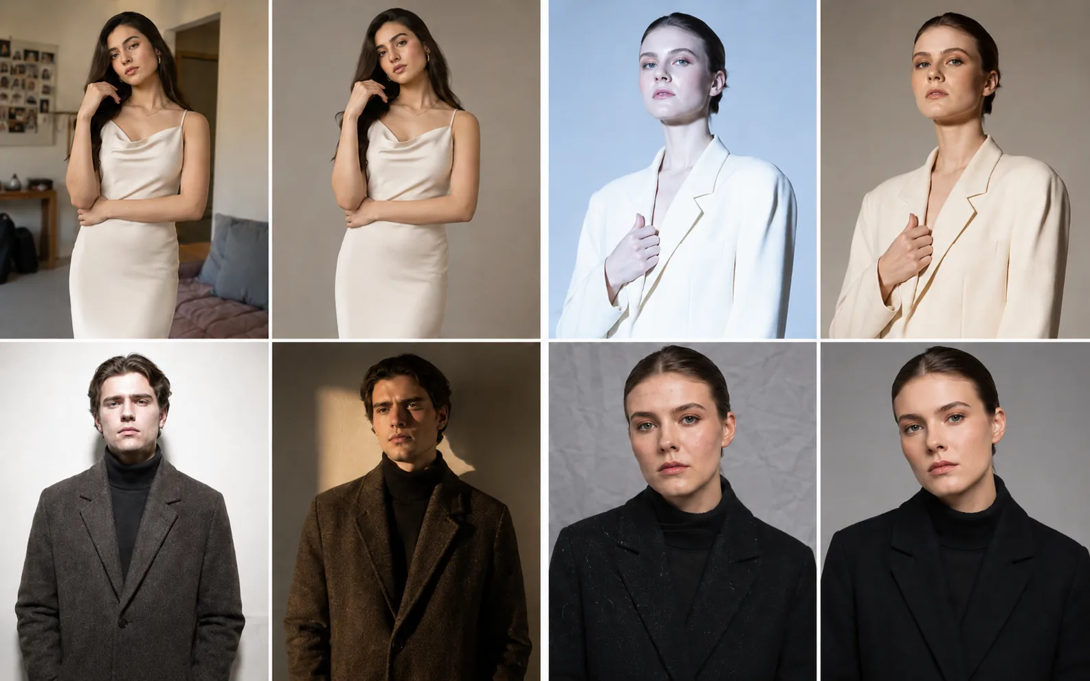 Eight saved personas displayed in a 4×2 grid — different ages, casting directions, and styling, ready to use across the workspace
