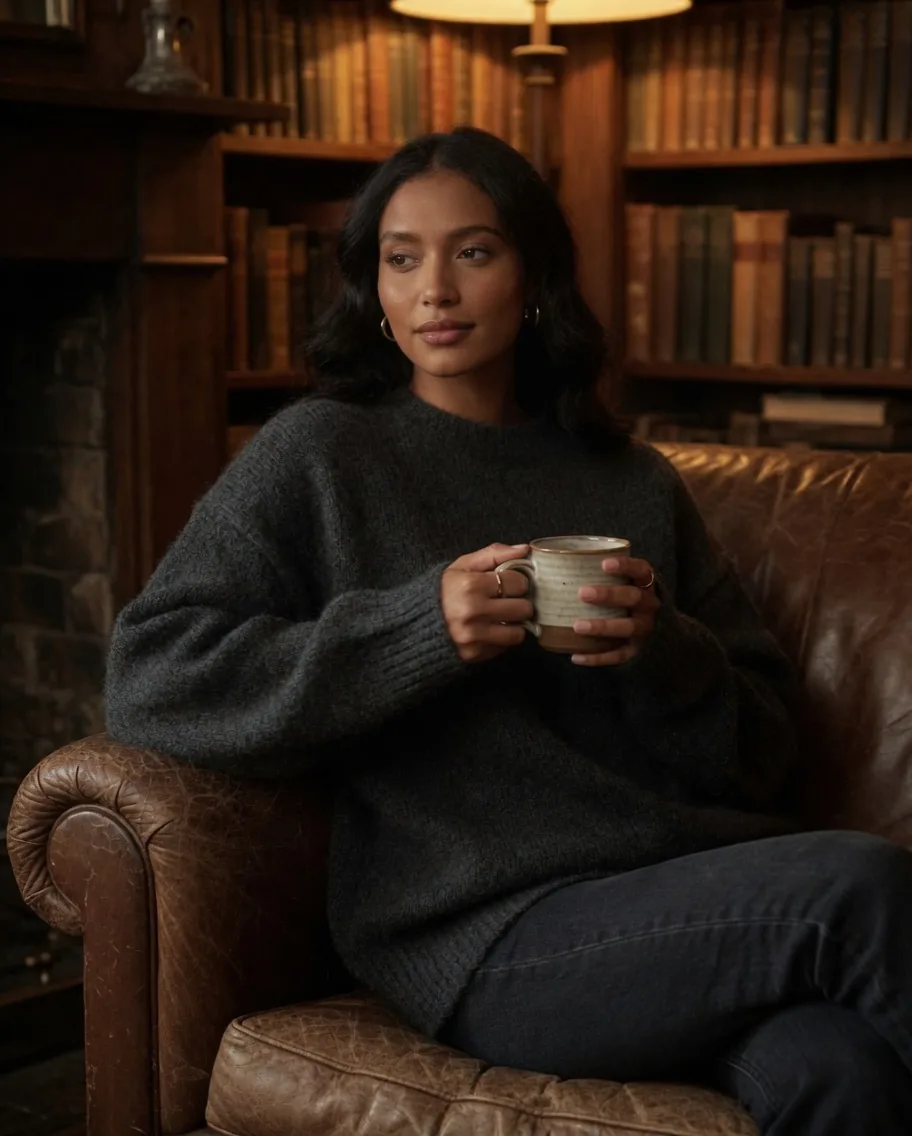 Same persona, warm-lit library, charcoal sweater
