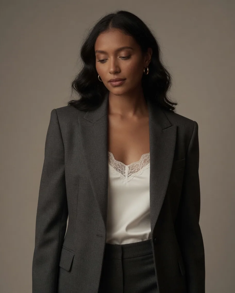 Same persona, charcoal blazer over ivory camisole