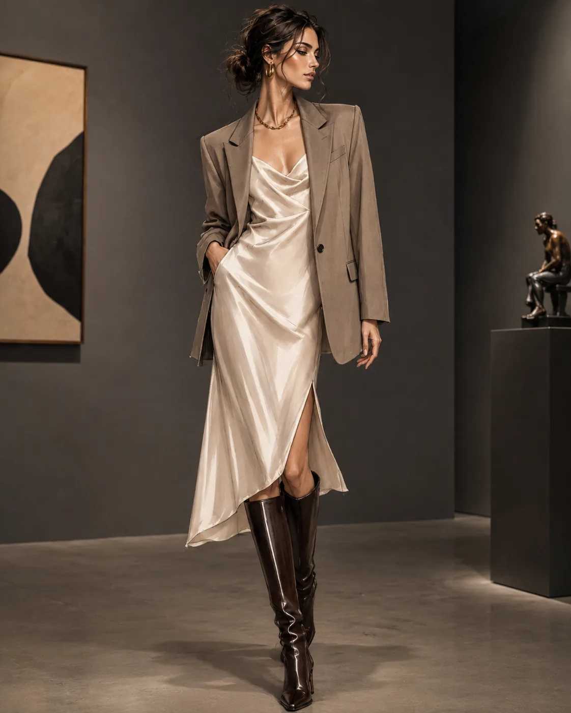 Full-look editorial in a warm-lit gallery