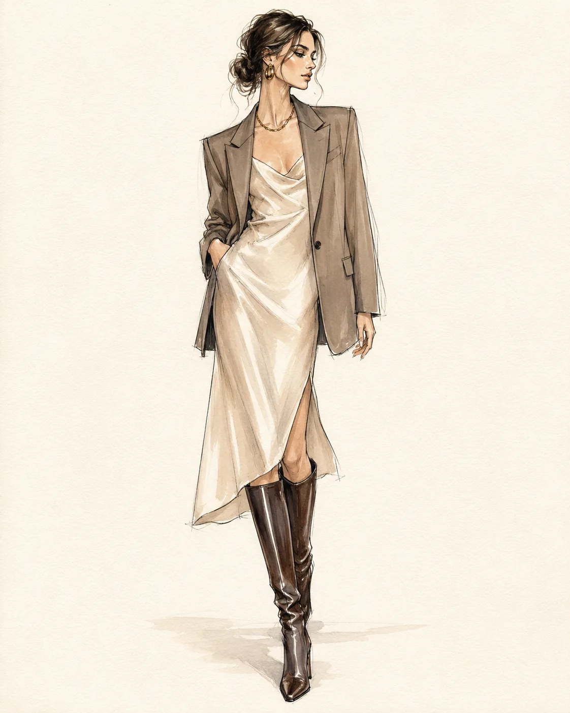 Fashion illustration of a full outfit: oversized blazer over an ivory slip dress with knee-high boots