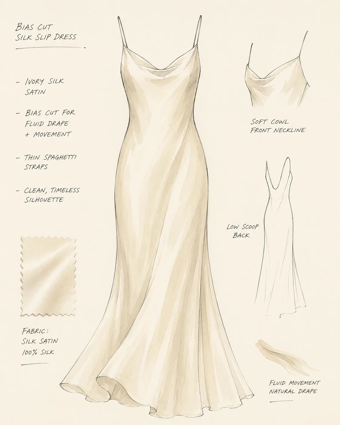 Technical sketch of a bias-cut ivory silk slip dress with construction notes
