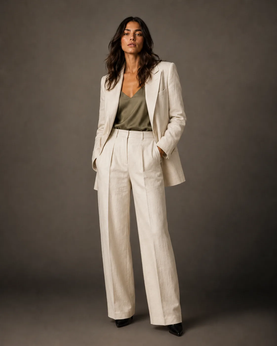 Same model, ivory linen suit with olive top, warm-grey studio backdrop, full-length