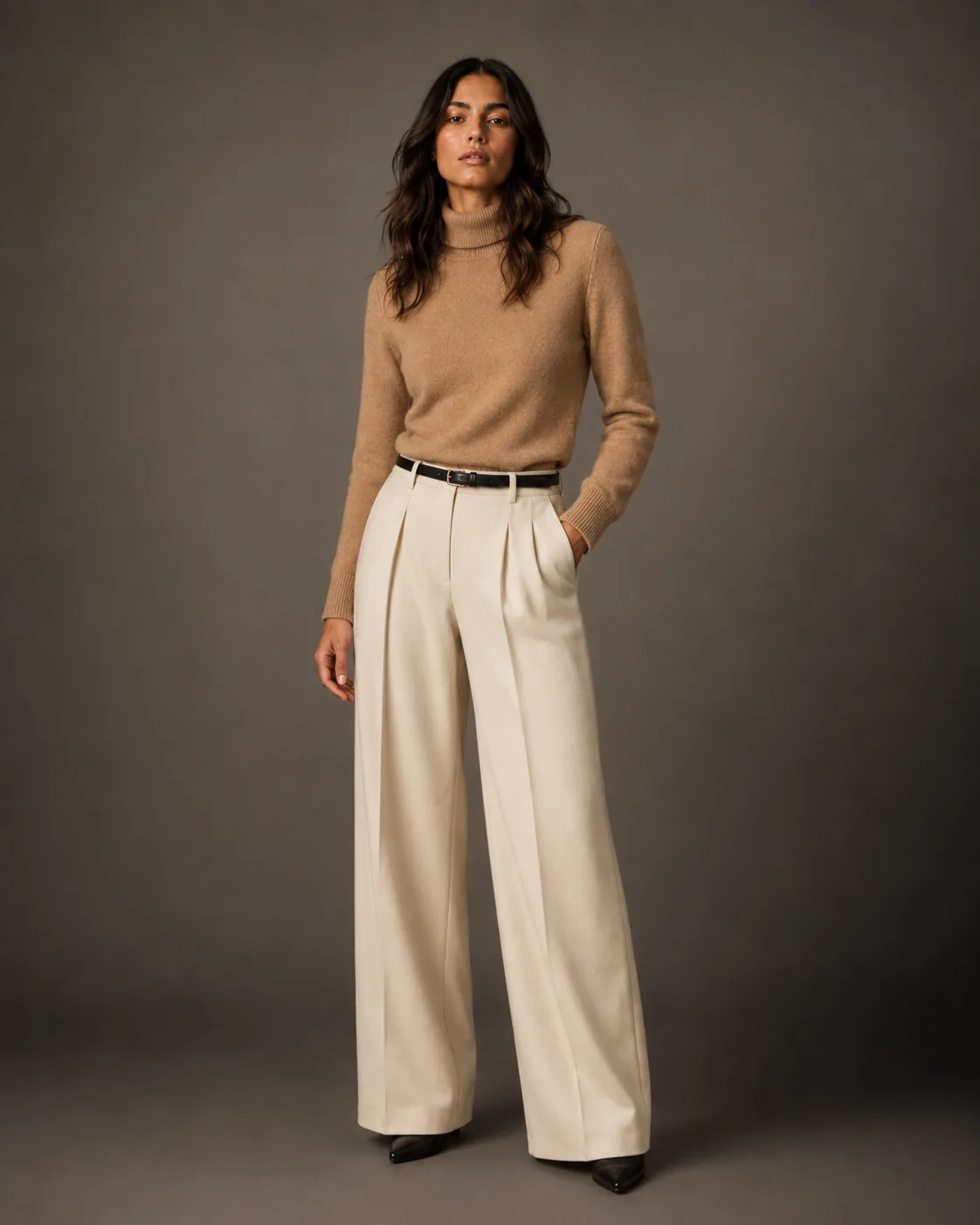Same model, camel cashmere turtleneck and cream wide-leg trousers, identical setup