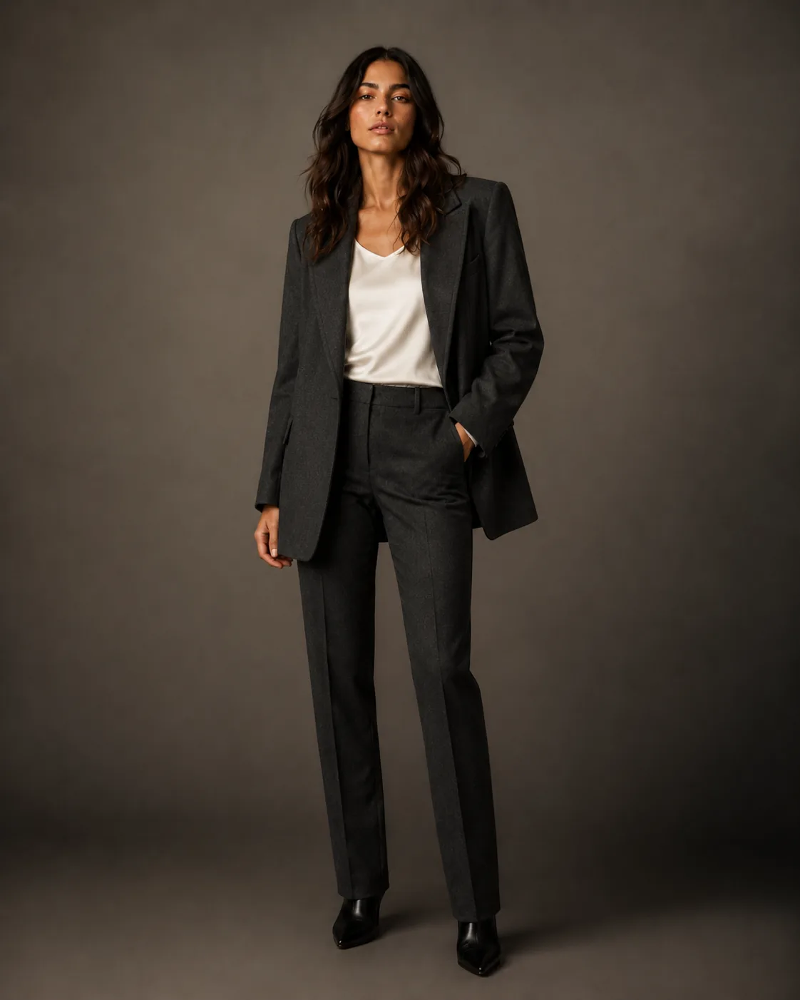 Same model, charcoal blazer and ivory camisole over charcoal trousers, identical setup