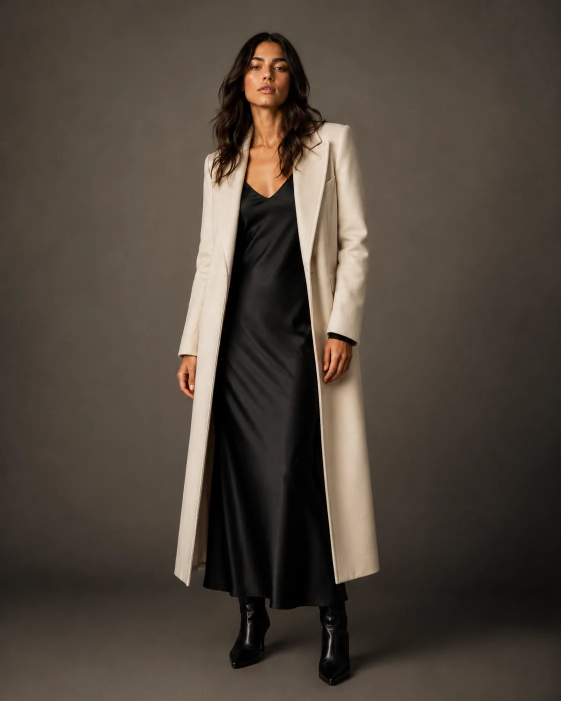 Same model, ivory wool coat over black silk slip dress, identical setup