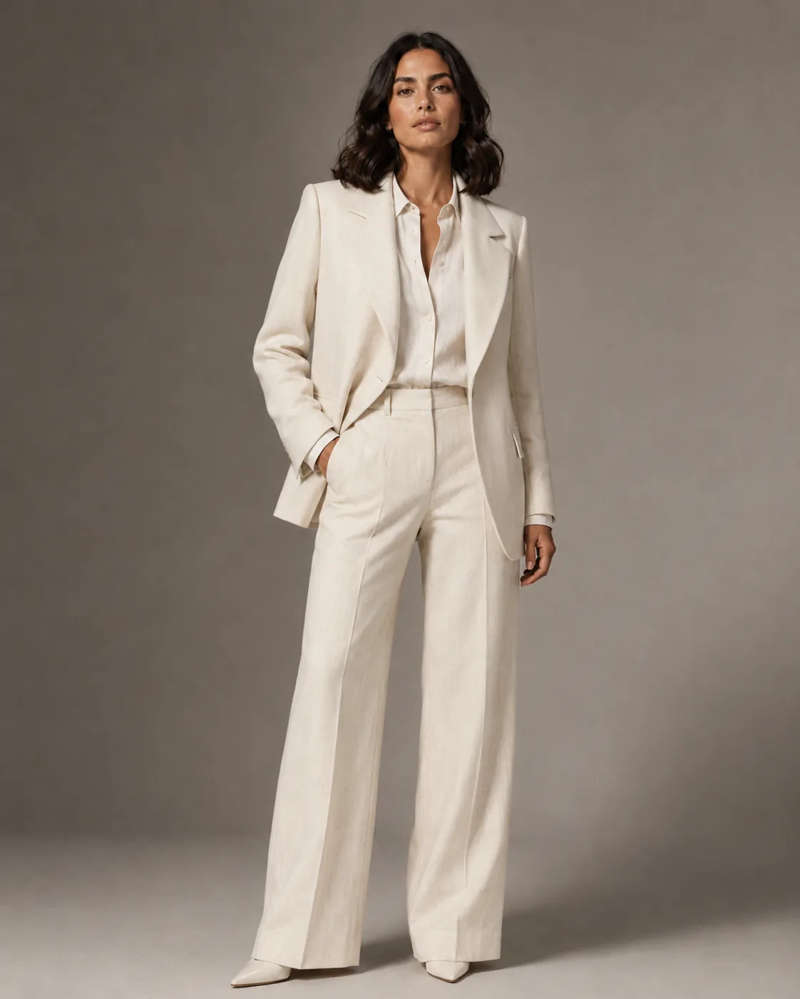 Same model, cream linen suit, identical setup