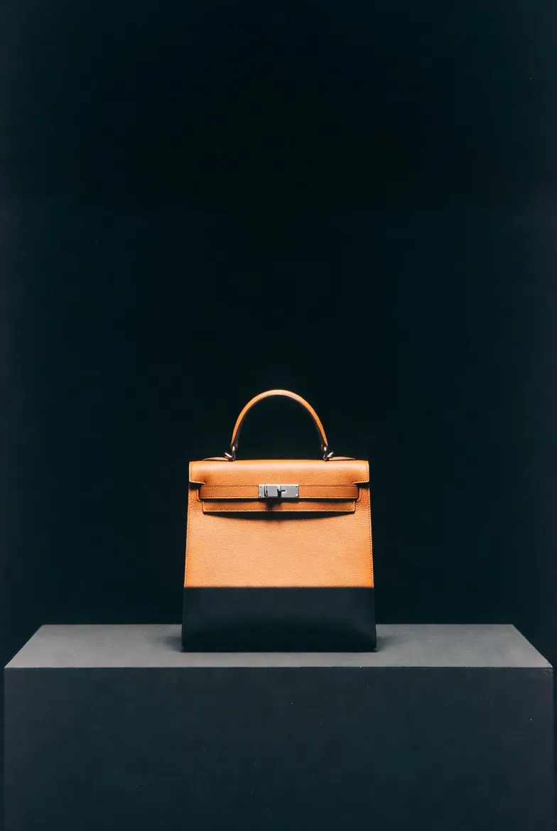 Campaign still of a structured leather handbag