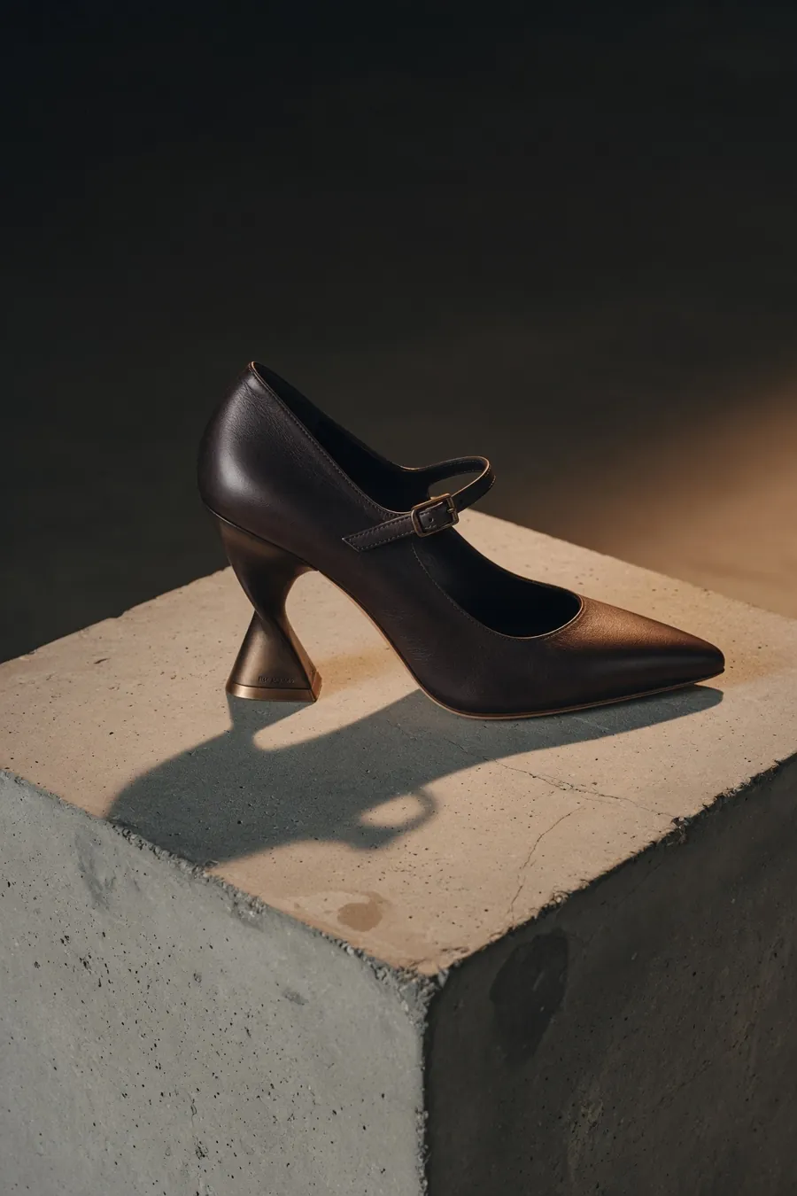 Product-first footwear shot — a leather heel on a stone plinth
