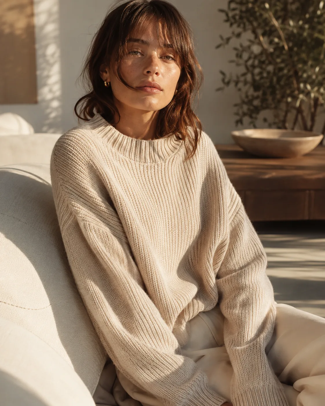 Cream knit sweater editorial, sunlit interior