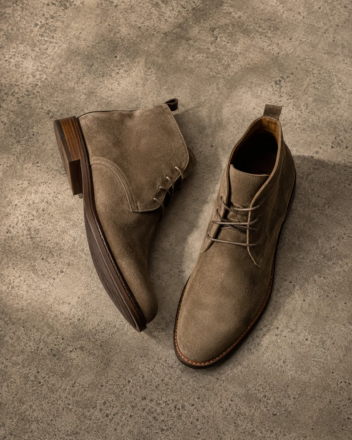 Pair of suede ankle boots on textured concrete, top-down