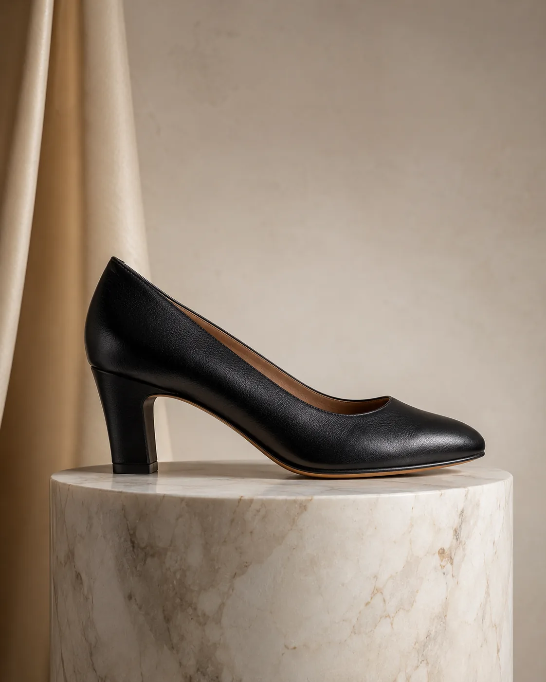 Single black leather pump on marble pedestal, side profile