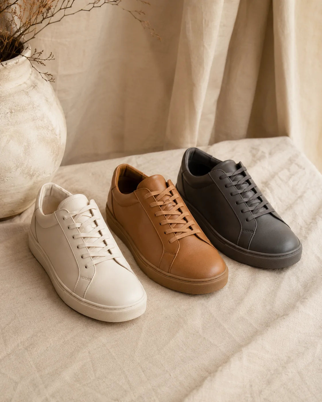 Row of three sneakers in cream, tan, and charcoal on warm linen