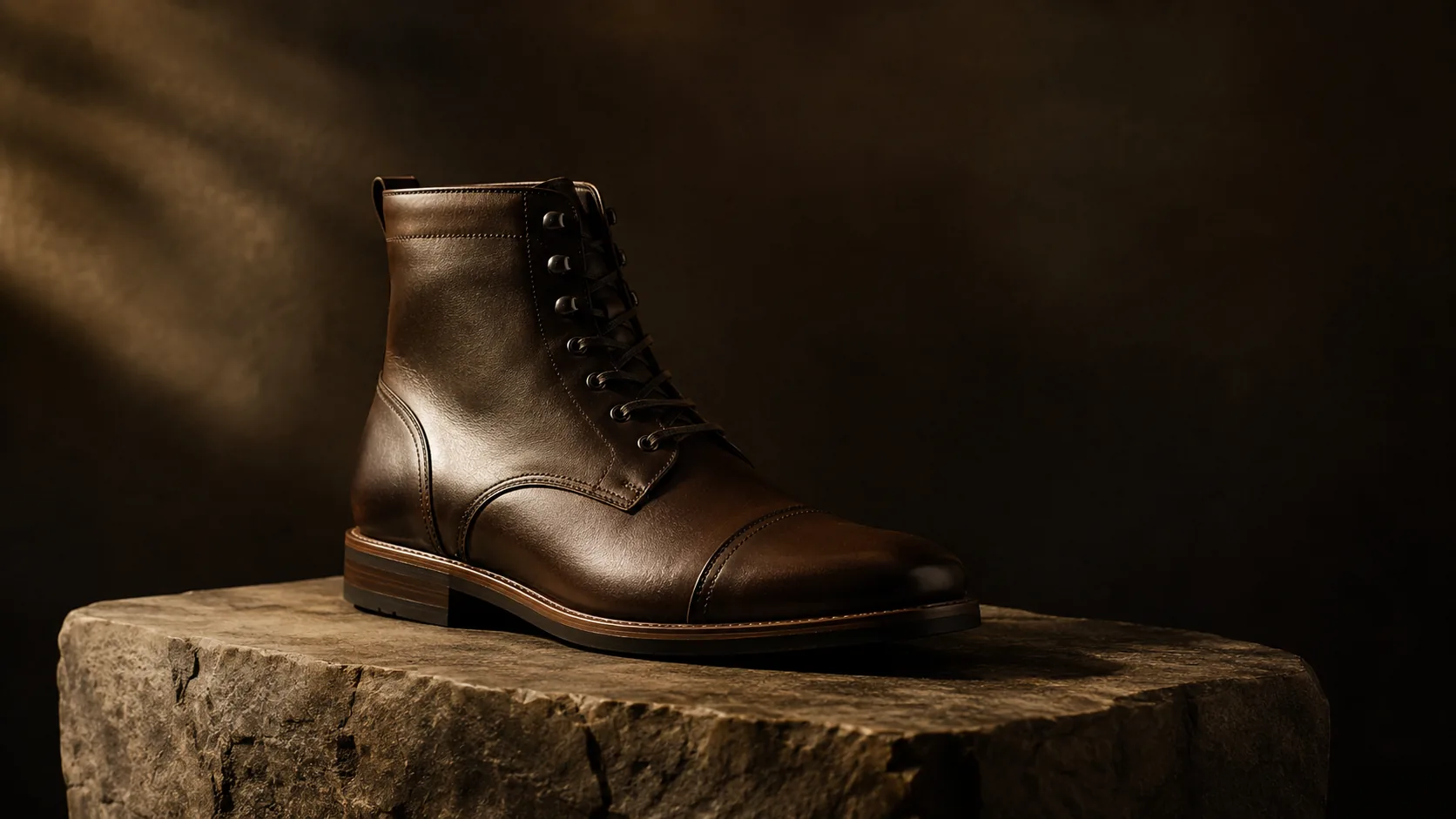 Editorial leather boot on stone plinth — Footwear vertical