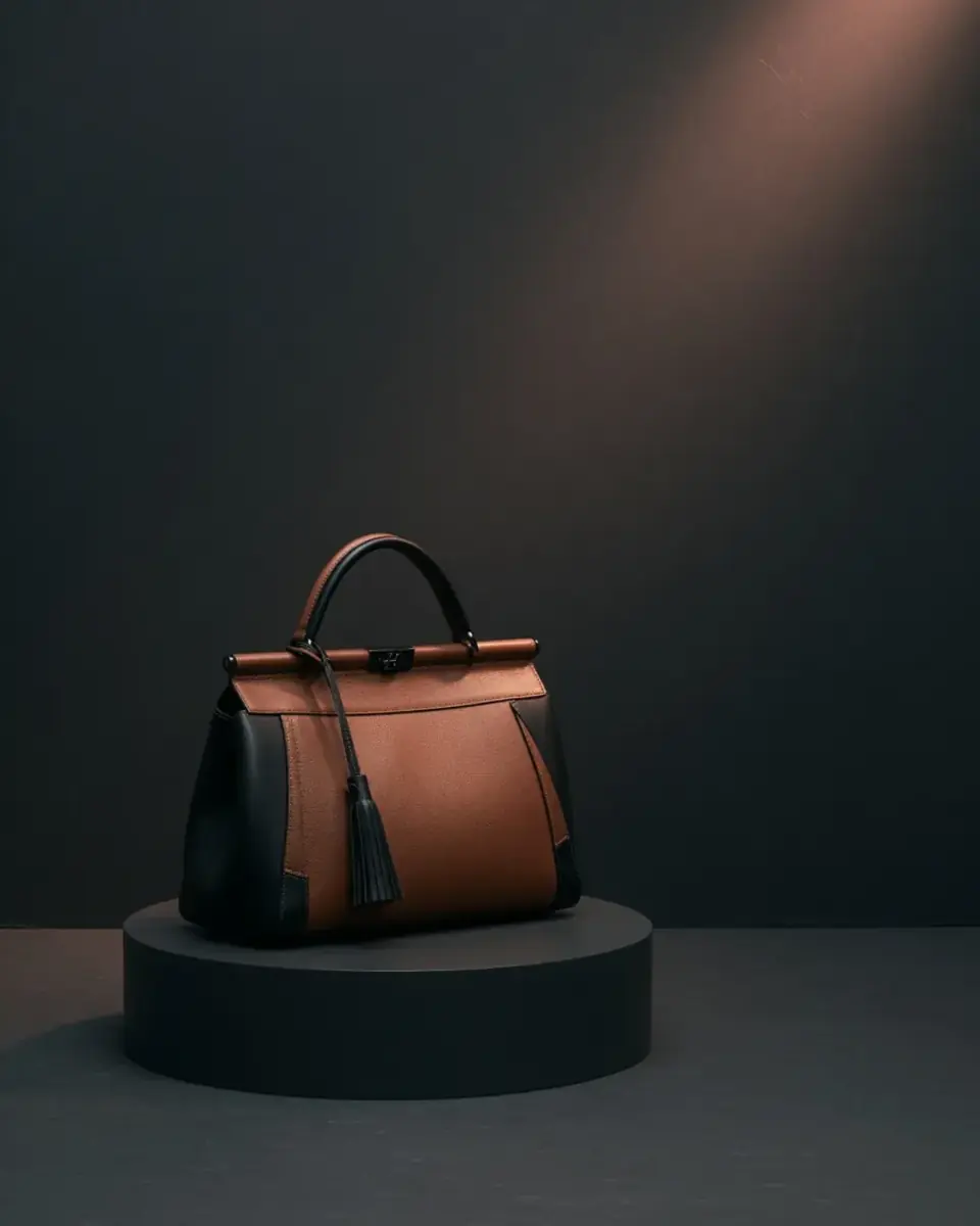 Two-tone leather handbag — studio shot on a pedestal, generated with neofashion.ai